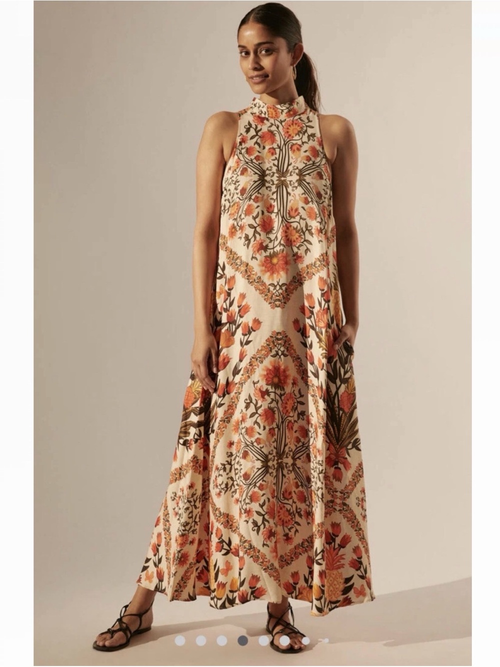 Farm Rio / Anthropologie White Floral Folkloric Halter Maxi Dress